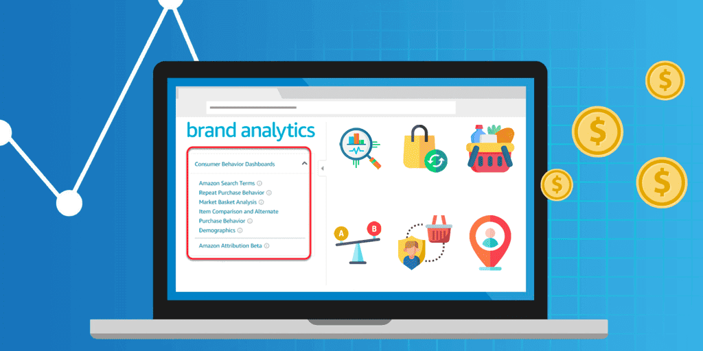 An illustration of the Amazon Brand Analytics dashboard on a laptop screen