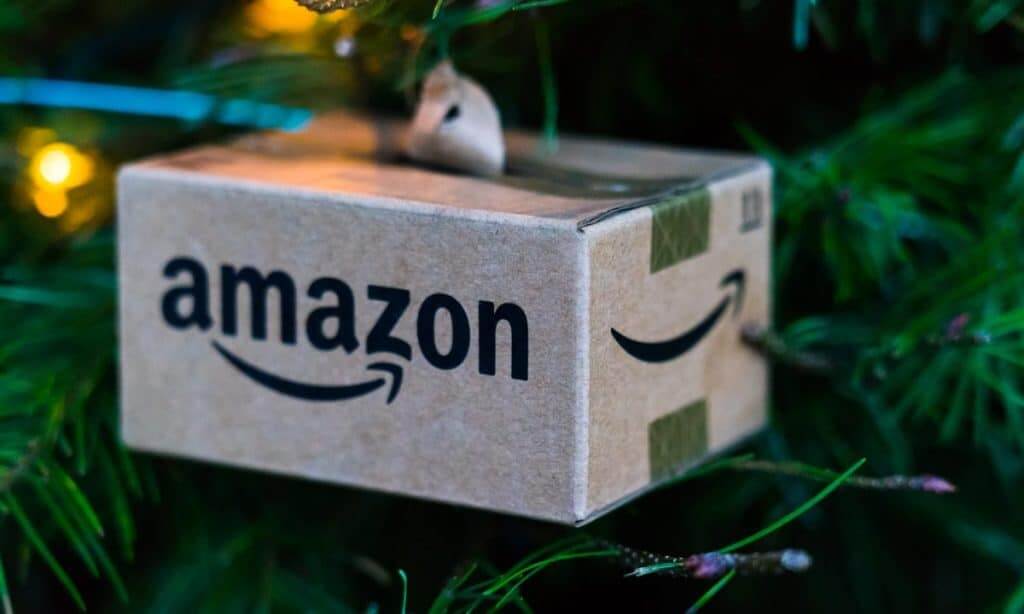 An Amazon delivery box Christmas tree ornament
