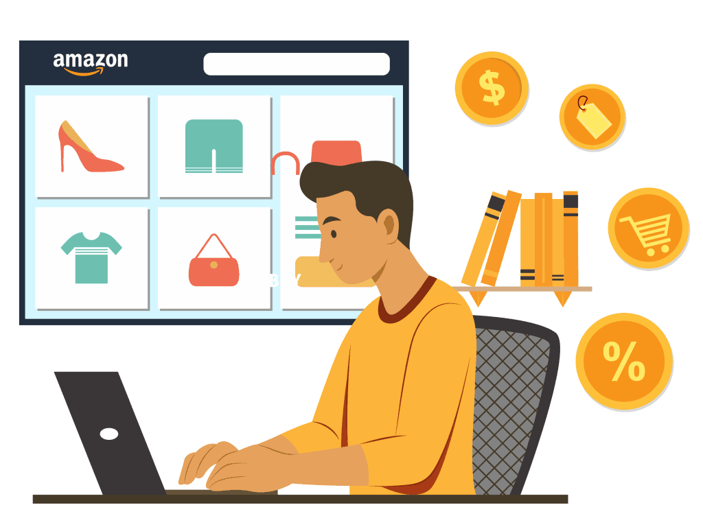 An illustration showing a man optimizing his Amazon listings
