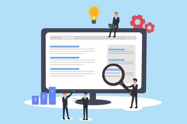 An illustration showing a team looking through keywords for SEO