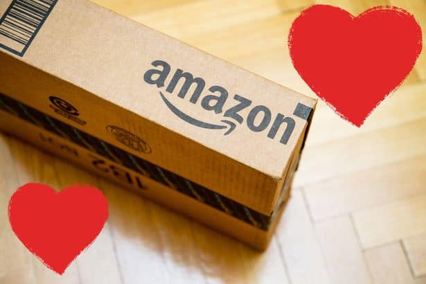 An Amazon delivery box with hearts around it