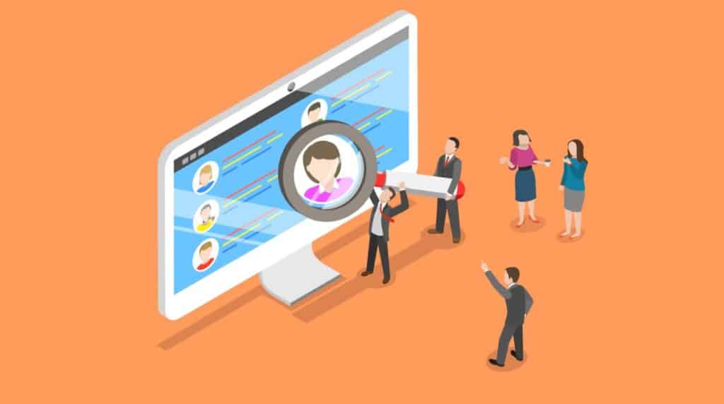 An illustration showing a team of marketers analyzing their customer profiles