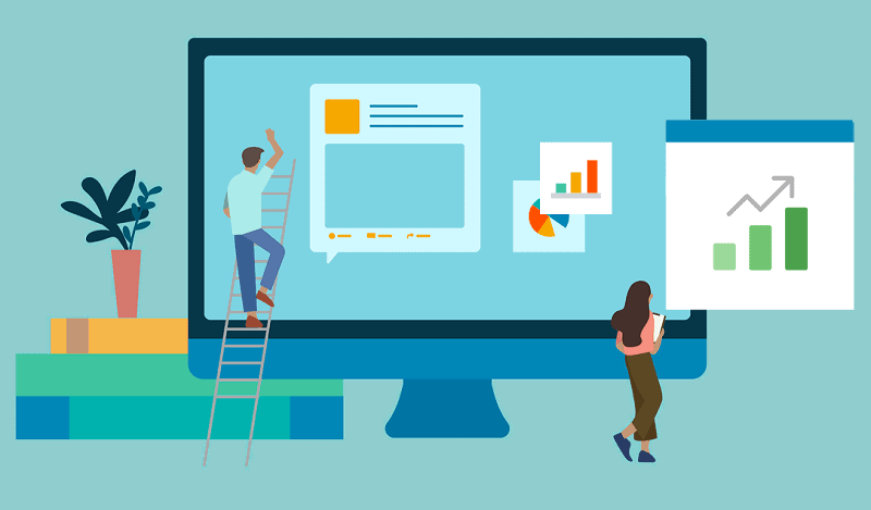 An illustration showing a person showing progress reports