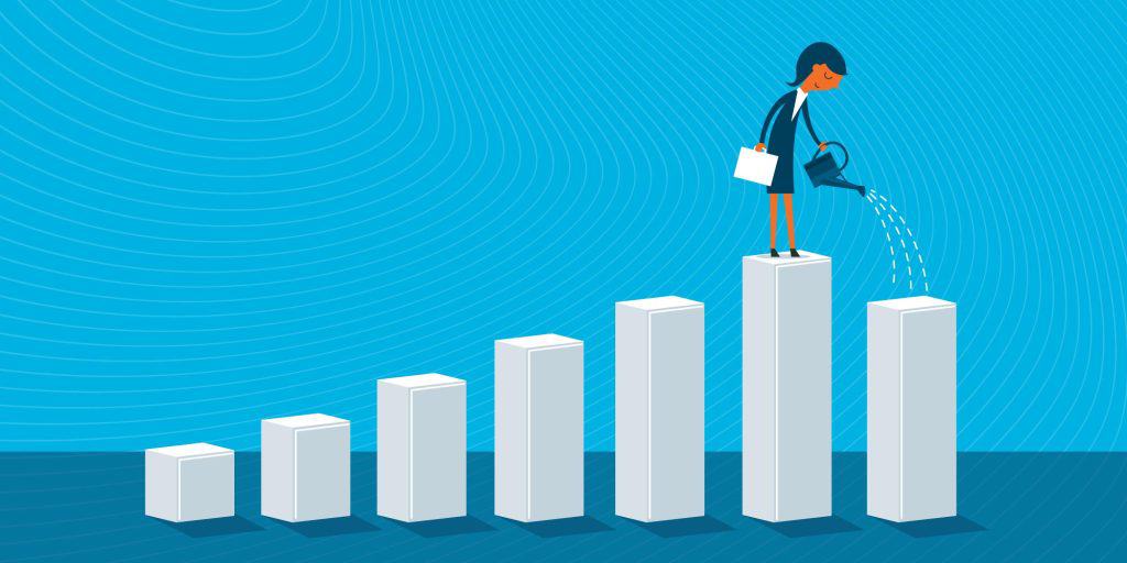 An illustration showing a businesswoman trying to increase business value