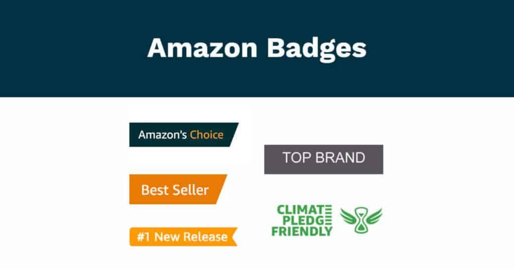 An image showing Amazon badges such as Top Brand, Amazon's Choice, Best Seller, #1 New Release, Climate Pledge Friendly badges