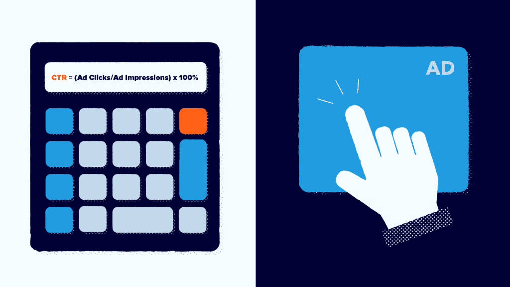 An illustration showing a hand clicking on and ad and a calculator with the definition of clickthrough rate on its screen