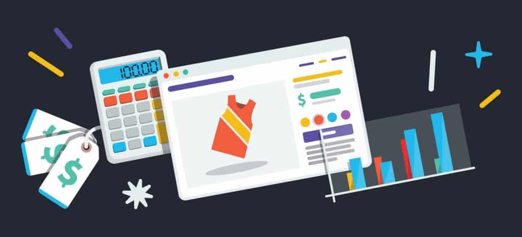 An image showing a product listing, price tags, a calculator, and a sales report