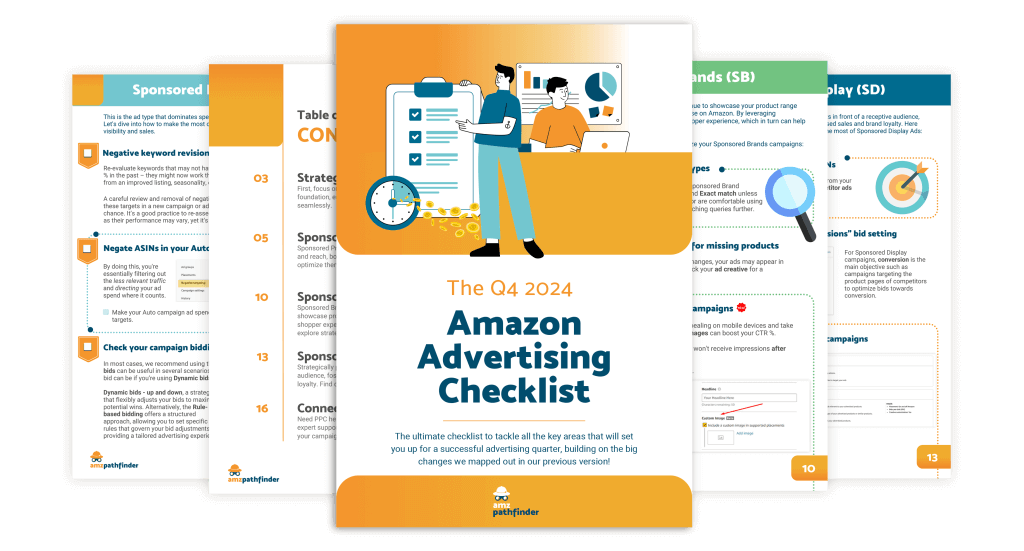 Q4 2024 Advertising Checklist by AMZ Pathfinder, featuring detailed sections on sponsored ads, keyword revision, campaign bidding, and more for Amazon advertising success.
