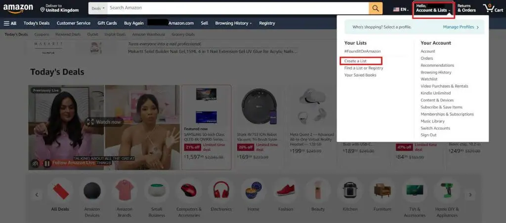 Amazon homepage menu with 'Account & Lists' dropdown showing 'Create a List' option highlighted.