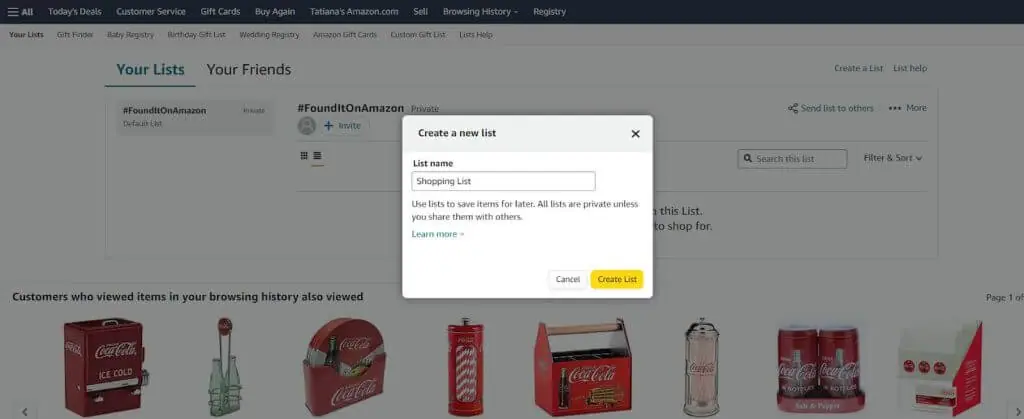 Create a new list dialog on Amazon, with 'Shopping List' as the list name.