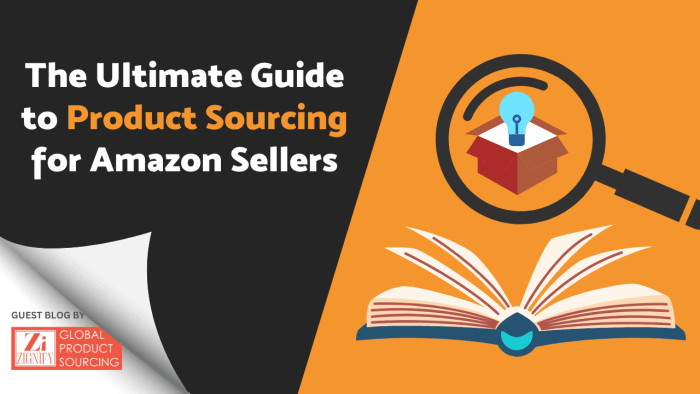 Illustration of a magnifying glass highlighting a box with a lightbulb, open book, and "The Ultimate Guide to Product Sourcing for Amazon Sellers" text.