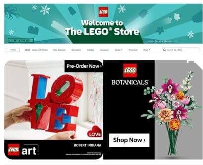 Amazon LEGO store homepage featuring seasonal LEGO products, best sellers, and themed gift ideas.