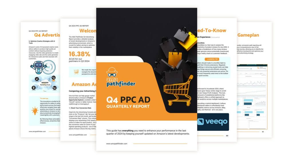 A five-page spread of the Q4 PPC Ad Quarterly Report, displaying content on AI tools, game plans, advertising strategies, analytics, and ACoS optimization tips.